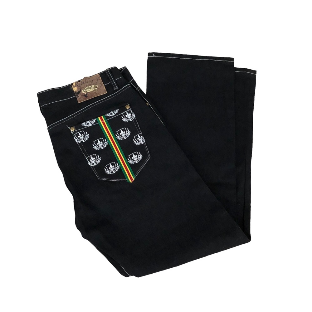 Ruthless Art Y2K Jeans Designer Crest Embroidered Jeans 40X34 Dark Wash